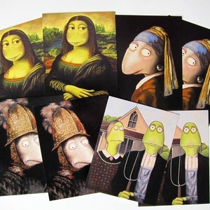 8 KUNZTPOSTKARTEN in the classic set, Mona Lisa, Golden Helmet, Pearl Earring, Grant Wood, postcard art, postcards, frog image 1