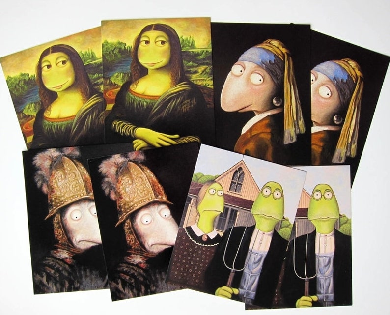 8 KUNZTPOSTKARTEN in the classic set, Mona Lisa, Golden Helmet, Pearl Earring, Grant Wood, postcard art, postcards, frog image 1