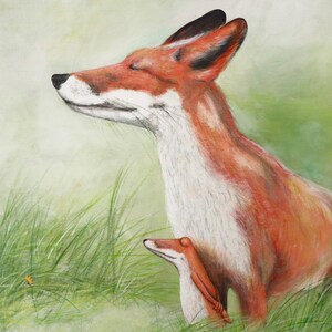 May include: A painting of a red fox with a white chest and a smaller fox cub nestled against its side. The foxes are in a field of green grass with a blurred background.
