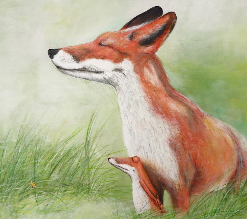 May include: A painting of a red fox with a white chest and a smaller fox cub nestled against its side. The foxes are in a field of green grass with a blurred background.
