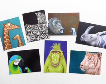 KUNZTPOSTKARTEN in 7 set-seven postcards, postcard, postcards, greeting cards, zebra, monkey, tiger, Ara, parrot, card animals