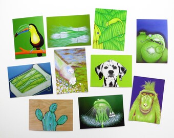 ART POSTCARDS in a set of 10, 10 postcards, animal postcards, birthday card, art postcard, animals, animal pictures, frog, frogs, cards