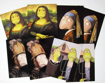 8 Kunstpostkarten Klassiker, alte Meister, Mona Lisa, Postkarten, Kunstkarten, Einladungskarten, Goldhelm, Perlenohrring, Vermeer, Rembrandt
