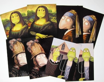 8 art postcards classics, old masters, Mona Lisa, postcards, art cards, invitation cards, gold helmet, pearl earring, Vermeer, Rembrandt