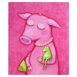 Lap Frog-canvas print-frog, frog picture, pig, pig picture, picture pink, girl room, funny image, funny image, frog picture image 1