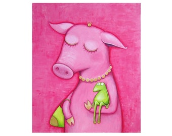 Schoßfrosch - Leinwanddruck - Frosch, Frosch Bild, Schwein, Schweinebild, Bild pink, Mädchenzimmer, witziges Bild, lustiges Bild, Froschbild