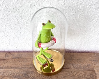 The Swimming Student II, Frog with Swim Ring, Frog under Glass Bell, Frog Sculpture, 3D Frog, Frog Learning to Swim, Lifebuoy