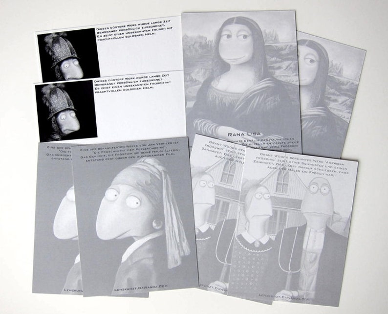 8 KUNZTPOSTKARTEN in the classic set, Mona Lisa, Golden Helmet, Pearl Earring, Grant Wood, postcard art, postcards, frog image 2