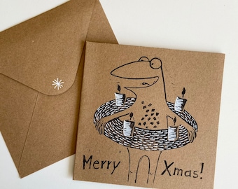 Merry Xmas, 3 Hand Printed Christmas Cards, Xmas, Christmas Card, Lino Print, Hand Printed. Frog card, funny card