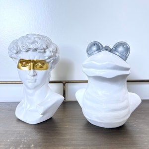 David and the Goliath frog, 2 busts, frog, frog sculpture, David and Goliath, frog bust