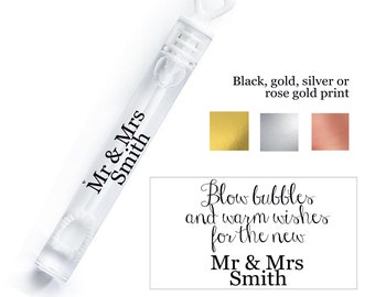 Personalised wedding table favour bubbles Mr & Mrs table stickers black gold silver rose gold
