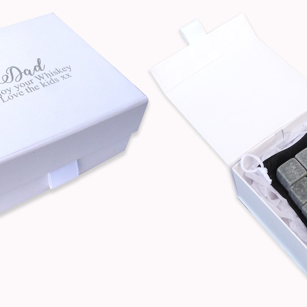 Personalised whiskey stones gift set white custom christmas gift box silver foil print