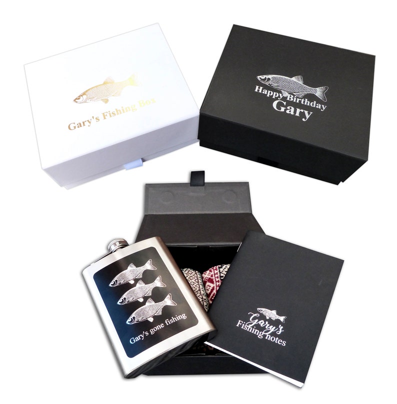 Personalised Fishing gift box socks hip flask fisherman christmas box notebook