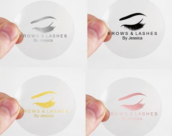 100 x Clear lashes and brows business labels round 45mm 50mm 65mm 90mm stickers silver gold beauty cosmetics business