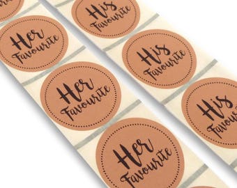 50 x  Brown kraft 45mm his favorite her favorite wedding stickers 25 of each label favour bag seals