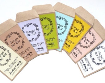 50 x funeral seed packets- forget me not personalised envelopes and stickers