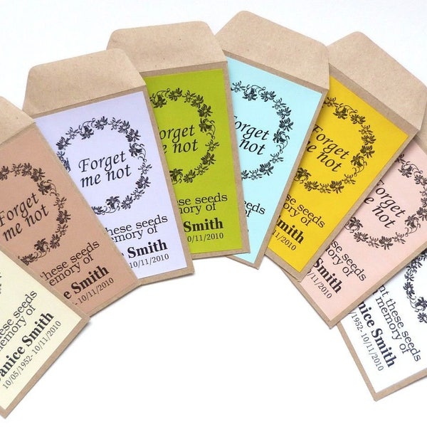50 x funeral seed packets- forget me not personalised envelopes and stickers