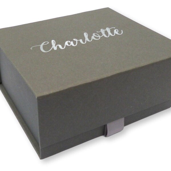 Personalisierter grauer Silber Folie gedruckt Geschenk Box - magnetische Snapshut Deckel. Braut danke Geschenk Brautjungfer