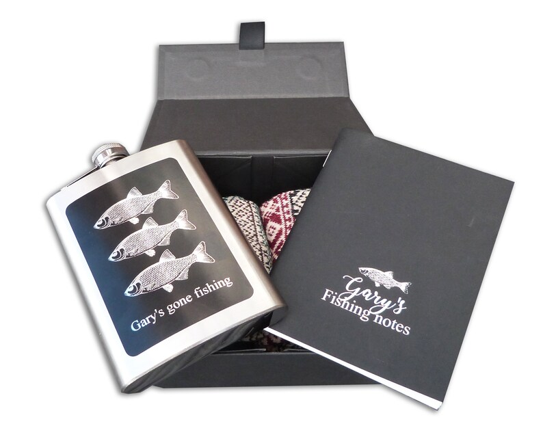 Personalised Fishing gift box socks hip flask fisherman christmas box notebook