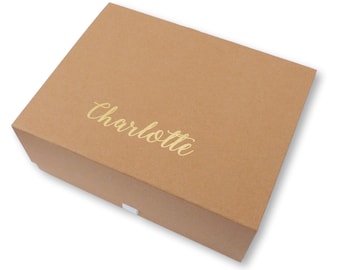 Large kraft brown personalised gold foil christmas eve name box magnetic with ribbon tab