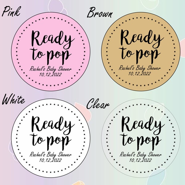 50 x 45mm round ready to pop baby shower personalised labels stickers pink, brown, white clear