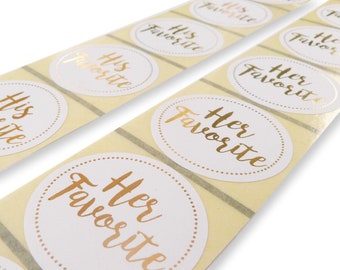 50 x his favorite her favorite gold / silver foil wedding stickers 25 of each label favour bag seals