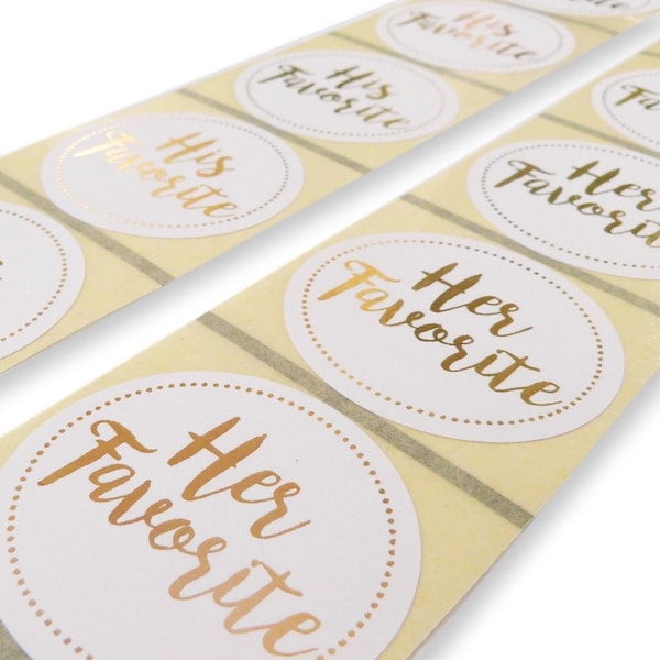 50 x his favorite her favorite gold / silver foil wedding stickers 25 of each label favour bag seals