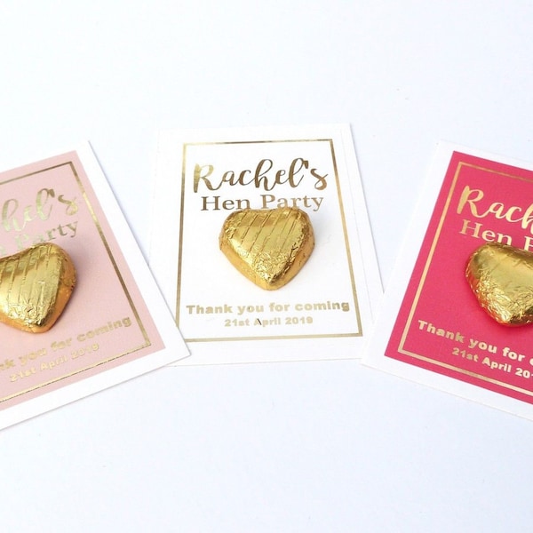 10 x Personalised A7 hen party favor gold foil printed thank you with chocolate hearts