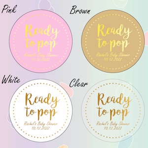 50 x 45mm round ready to pop baby shower gold foil personalised labels stickers pink, brown, white clear