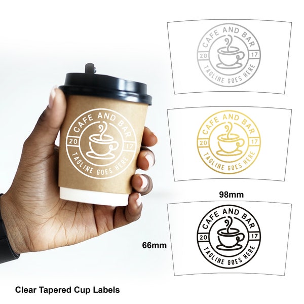 100 x Custom Clear logo Tapered cup labels coffee tea disposable branding curved stickers takeaway