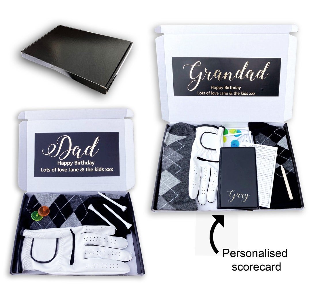 Personalised Black Golf Box Postal Gift Socks Scorecard Glove Custom Name Birthday Box Socks