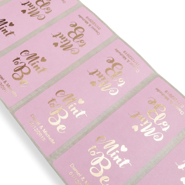 Mint to be personalised pink labels gold foil metallic print stickers Tic tacs wedding favour