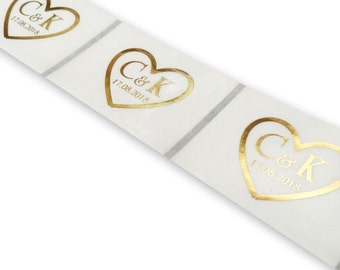 100 x Clear 64mm x 45mm Gold foil heart initials and date wedding labels favour stickers