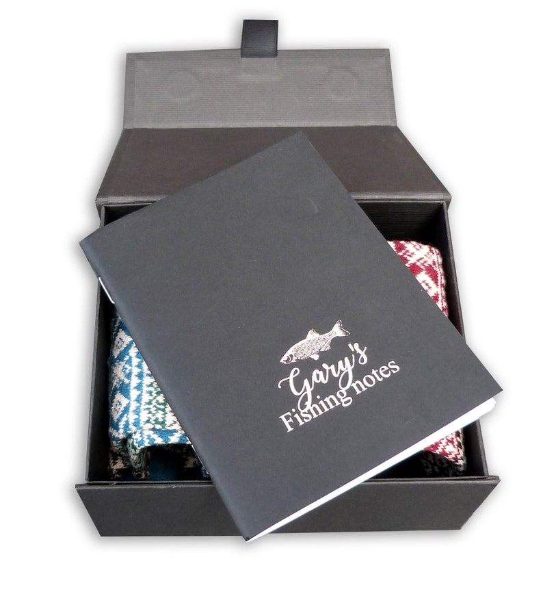 Personalised Fishing gift box socks hip flask fisherman christmas box notebook