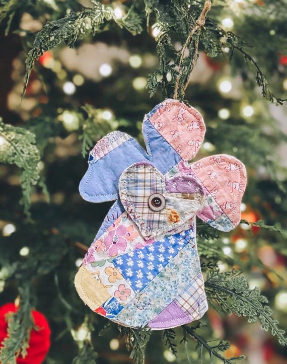Vintage Quilt Angel Ornament | Handmade Heirloom Christmas Tree Decoration | One-of-a-Kind Primitive Farmhouse Holiday Decor