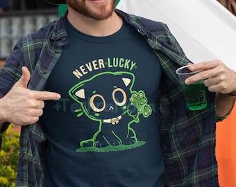 UK Delivery // Never Lucky // Black Cat T-Shirt // Unlucky St Paddys Day Shirt // Men and Womens Clothing