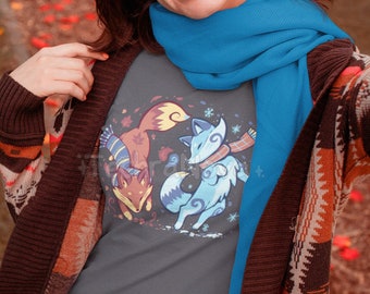 UK Delivery // Autumn and Snow Fox //  Cute Fox T-Shirt // Season Fall and Winter Fox Gift // Unisex and Womans Clothing