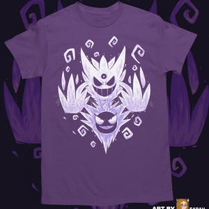 May include: Purple t-shirt featuring a white graphic of three stylized ghost characters. The design includes sharp edges and swirling shapes. The shirt has short sleeves and a crew neck. The text "ART BY TECHRANOVA" is in the lower right corner.