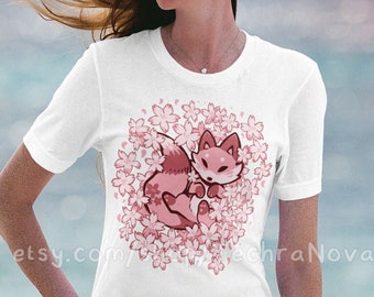 Cherry Blossom Fox - Cute Pink Fox T-Shirt // Japanese Kitsune Fox shirt //  Japanese Art Shirt // Sakura blossoms pink flowers T-Shirt
