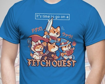 Time to go on a FETCH Quest- Cute Shiba Inu Party T-Shirt // Cute fantasy character class // adventurer doggo // RPG Table top theme T-Shirt