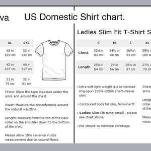 May include: A size chart for t-shirts, showing measurements in inches and centimeters for both men's and women's sizes. The chart includes information about the fabric weight, fit, and how to measure for the best fit.