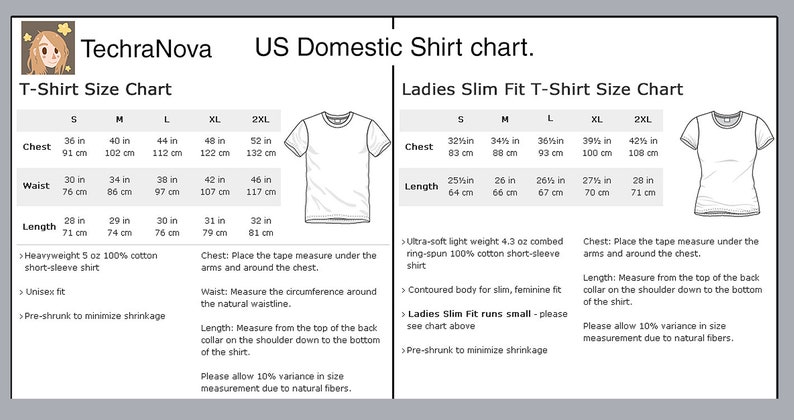 May include: A size chart for t-shirts, showing measurements in inches and centimeters for both men's and women's sizes. The chart includes information about the fabric weight, fit, and how to measure for the best fit.
