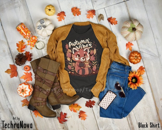 Autumn Vibes Red Panda T-Shirt: Campfire Coffee Design