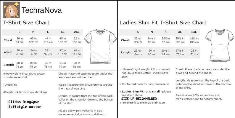 May include: T-shirt size chart with measurements in inches and centimeters. The chart shows the chest, waist, and length measurements for sizes S, M, L, XL, and 2XL. The chart also includes information about the fabric and fit of the shirt.
