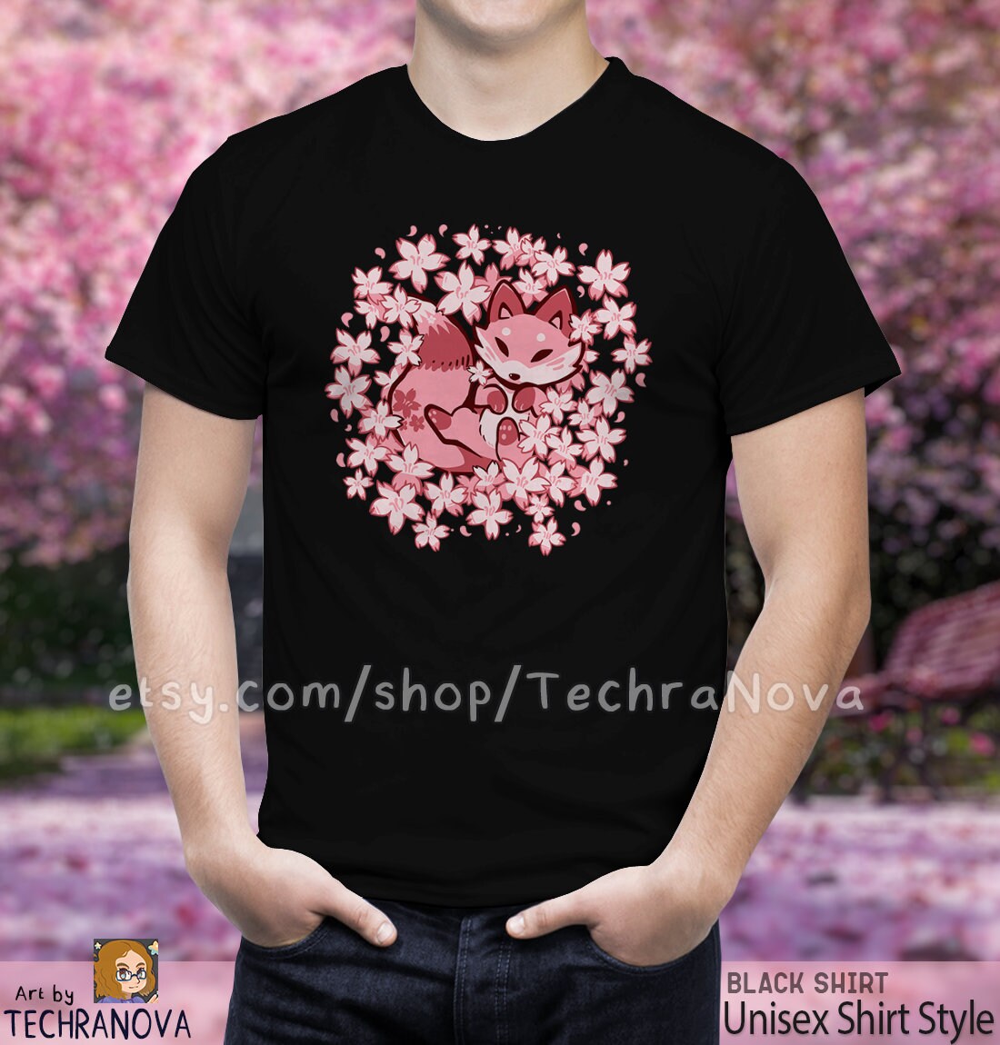 Cherry Blossom Fox - Cute Pink Fox T-shirt // Japanese Kitsune Fox