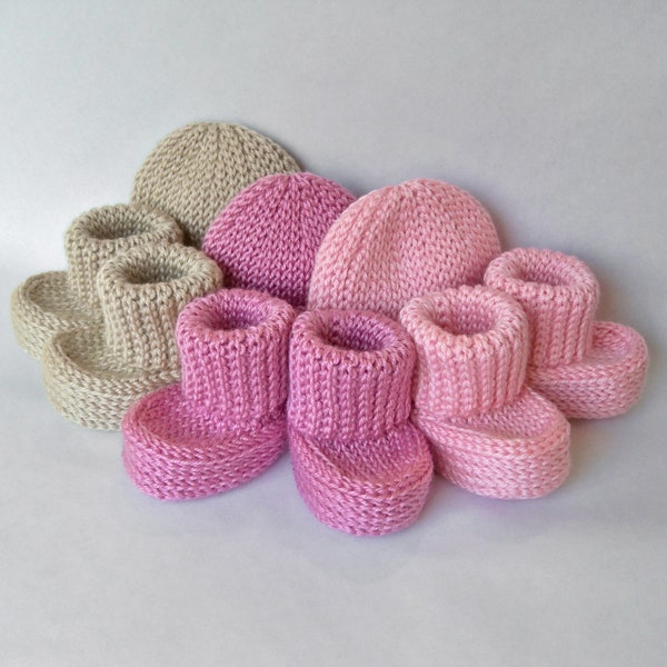 Soft Bootie and Hat Set / US Size 0-3 / Pink Baby Hat and Booties / Pink Baby Girls Set / Brown Baby Hat and Booties / Brown Baby Boy Set