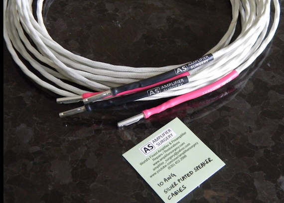 8 gauge (AWG) Audiophile Silver Plated Speaker Cable Set Terminated with Deltron Silver Plated Banana Plugs (Made in USA) 8 gauge (AWG) Audiophile Silver Plated Speaker Cable Set Terminated with Deltron Silver Plated Banana Plugs (Made in USA)