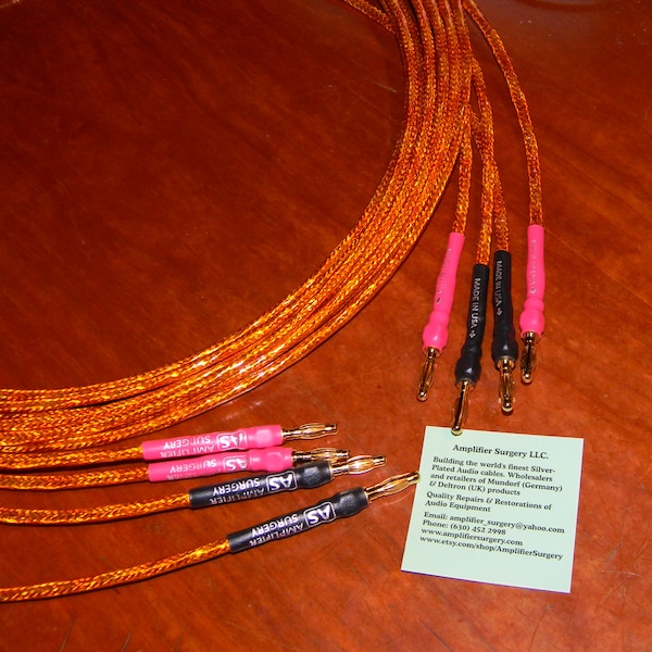 8 AWG gauge Audiophile Silver Plated Speaker Cables Set built with Silver Plated Wires and Gold Plated German Plugs