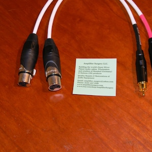 Può includere: Due cavi audio bianchi con connettori neri. Un'estremità di ogni cavo ha un connettore XLR argentato e l'altra estremità ha un connettore RCA dorato. Uno sfondo con un biglietto da visita per Amplifier Surgery LLC.