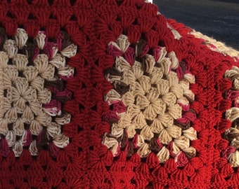 Buff, Varigate, and Barn Red Afghan 63" x 54"